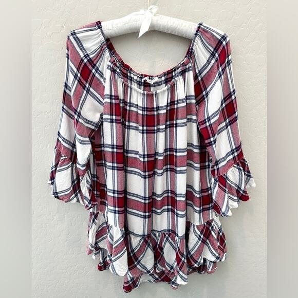 BEACH LUNCH LOUNGE | Red Plaid Ruffle Hem Peasant Top | Size Large - Picture 1 of 6